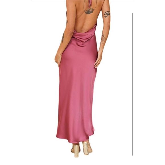 NEW Rose Satin Halter Neck Backless Slit Cowl Back Ruched Maxi Dress M - Picture 2 of 4
